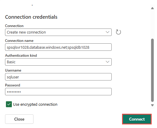 Captura de pantalla que muestra la sección Credenciales de conexión para el conector de base de datos de Azure PostgreSQL.