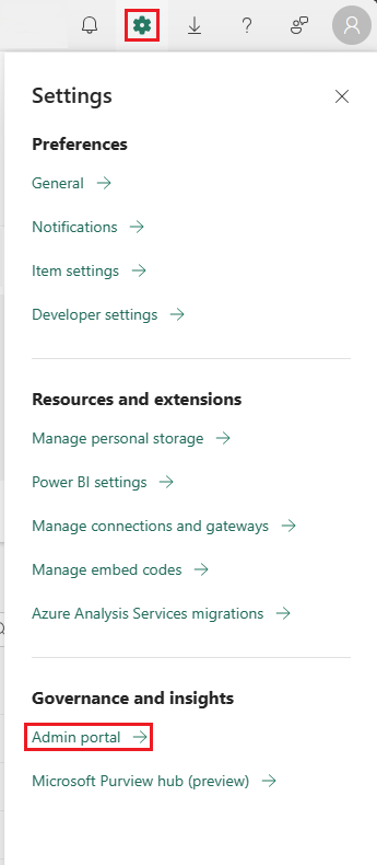 Captura de pantalla que muestra cómo llegar al Portal de administración de Microsoft Fabric.