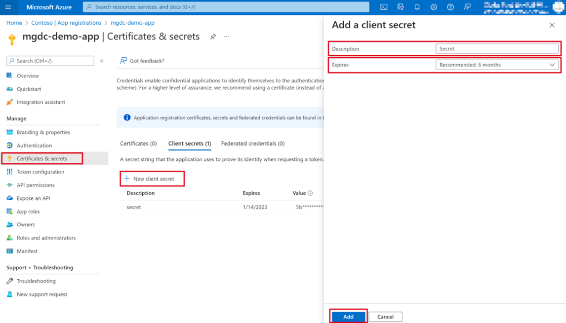 Captura de pantalla que muestra el proceso para crear un nuevo secreto de cliente en Azure Portal.