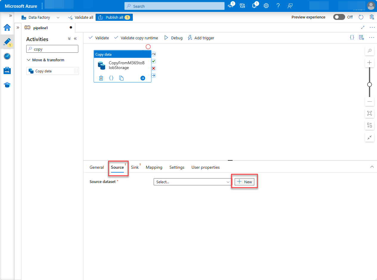 Captura de pantalla de la página del servicio Data Factory de Azure Portal con la creación de un nuevo origen de canalización.