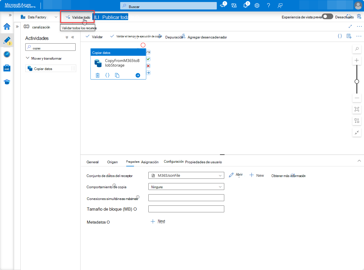 Captura de pantalla de la página Recursos de Azure Portal Factory con validar todo resaltado.