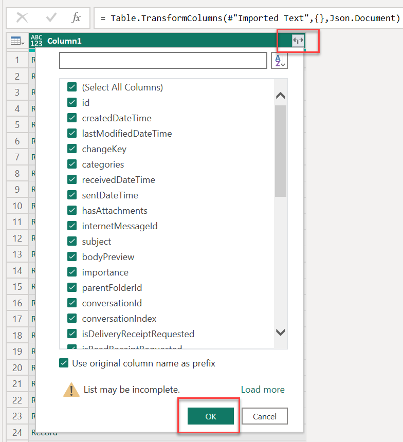 Captura de pantalla que muestra cómo cargar todas las columnas de Power BI.