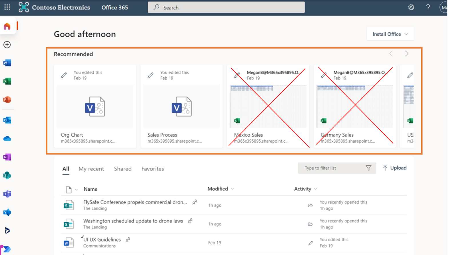 información sobre elementos deshabilitados en recomendado en office