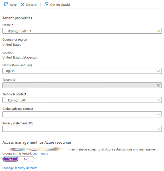 Screenshot showing the Tenant properties screen.