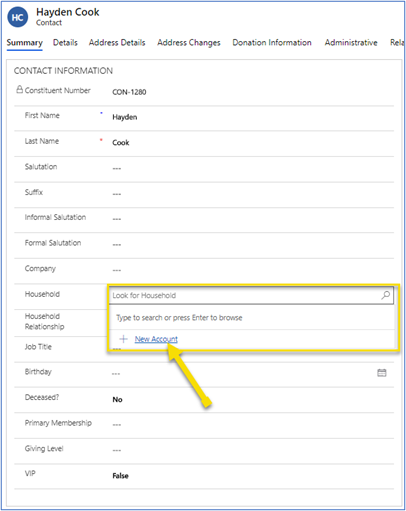 Add Household from contact record.