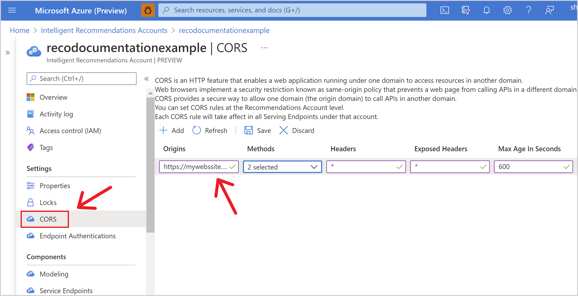 Configurar CORS desde su cuenta de Intelligent Recommendations