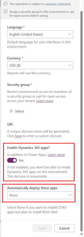 La imagen muestra cómo habilitar el campo aplicaciones de Dynamics 365 en un entorno de Power Platform.