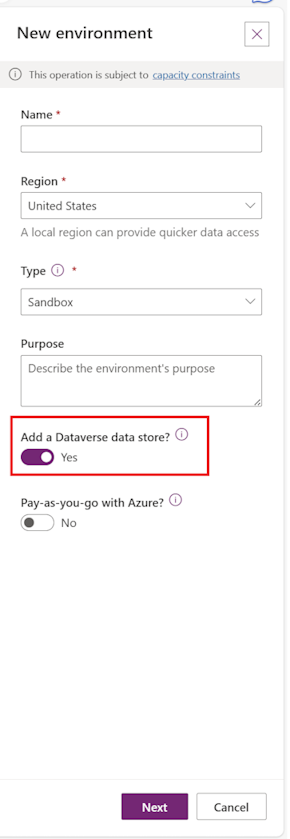 La imagen muestra cómo habilitar un almacén de datos de Dataverse nuevo en un entorno de Power Platform.