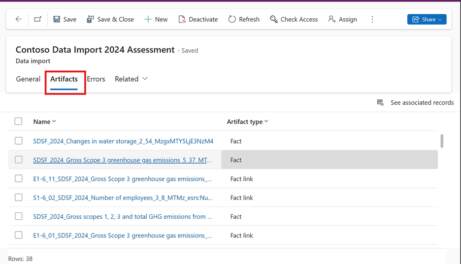 Screenshot of assessment Artifacts tab.