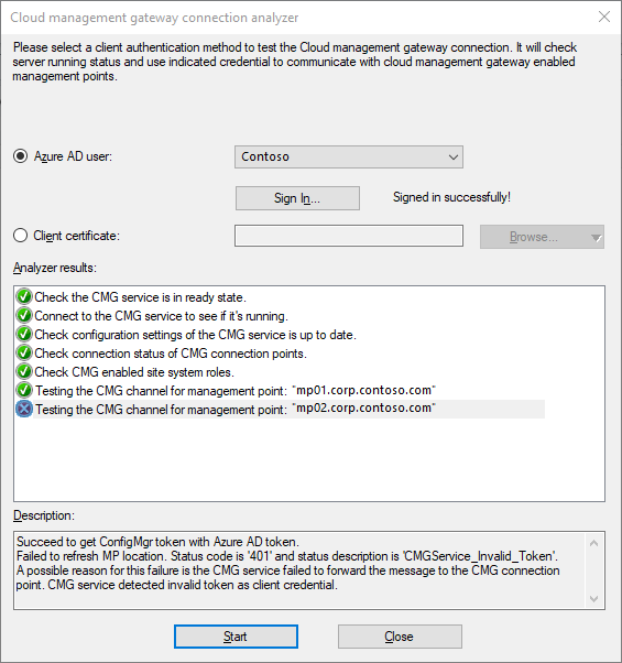 Salida de ejemplo para el analizador de conexiones de Cloud Management Gateway (CMG).