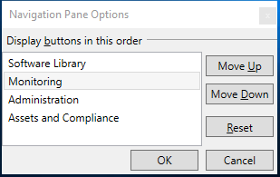 Ventana Opciones del panel de navegación para reordenar áreas de trabajo.