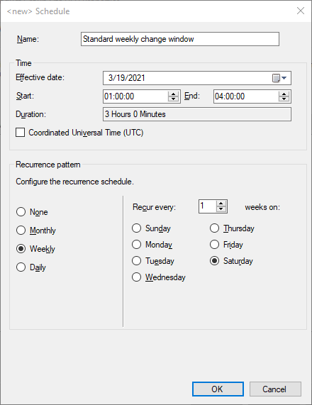 Configuración de la ventana de servicio de ejemplo