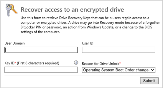 Página recuperación de controladores del sitio web de administración y supervisión de BitLocker.