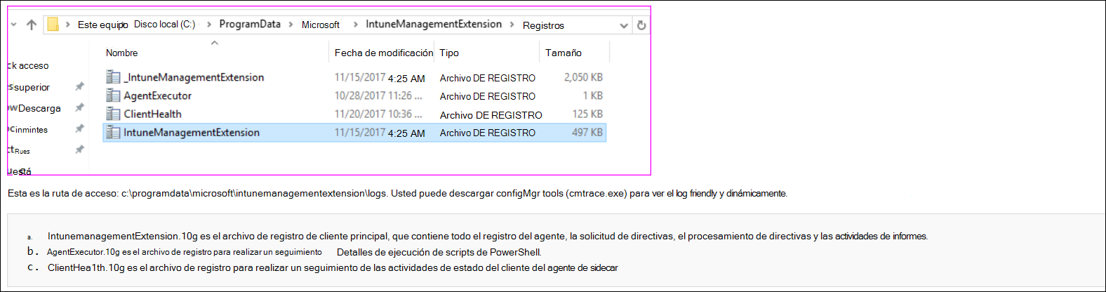 Captura de pantalla o registros de agente de CMTrace de muestra en Microsoft Intune