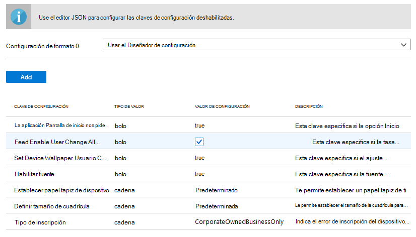 Formato de configuración: escriba datos JSON.