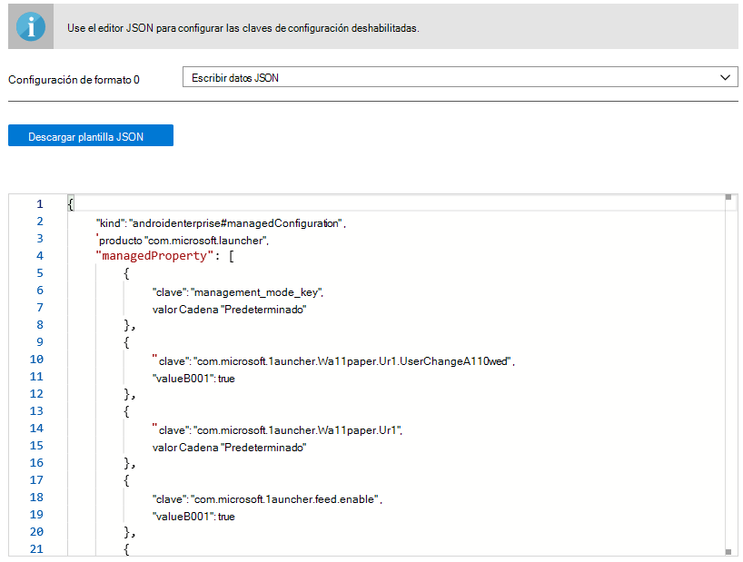 Designer de configuración: datos JSON