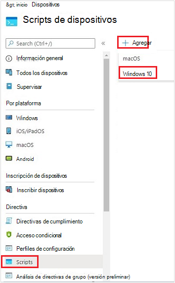 Captura de pantalla que muestra la creación de un nuevo script para un dispositivo Windows 10.