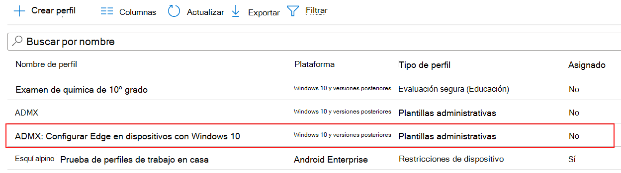 Captura de pantalla de la configuración de directiva ADMX que se muestra en la lista de perfiles de configuración del dispositivo en Microsoft Intune y Intune centro de administración.