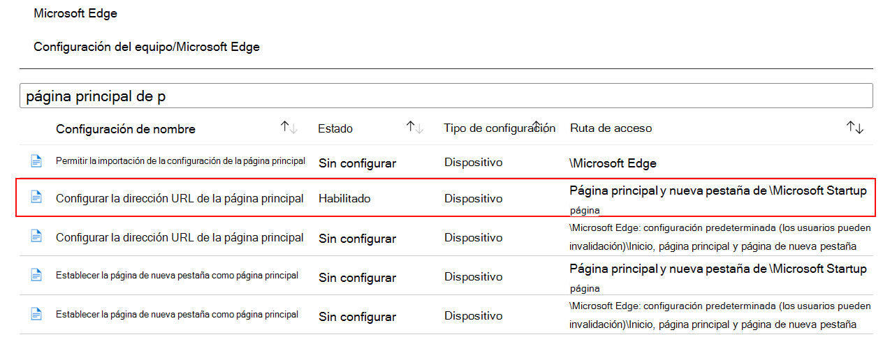 Captura de pantalla de Al configurar una configuración de ADMX, el estado se muestra habilitado en Microsoft Intune y Intune centro de administración.