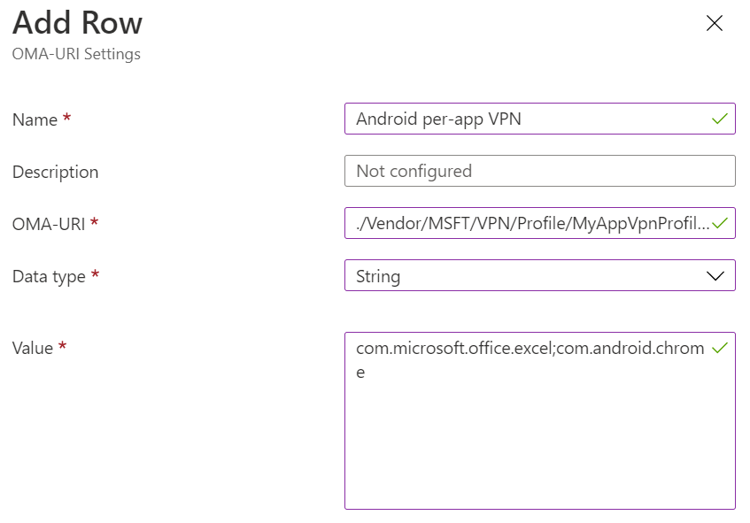 Captura de pantalla que muestra la directiva personalizada de VPN de administrador de dispositivos Android por aplicación en Microsoft Intune.