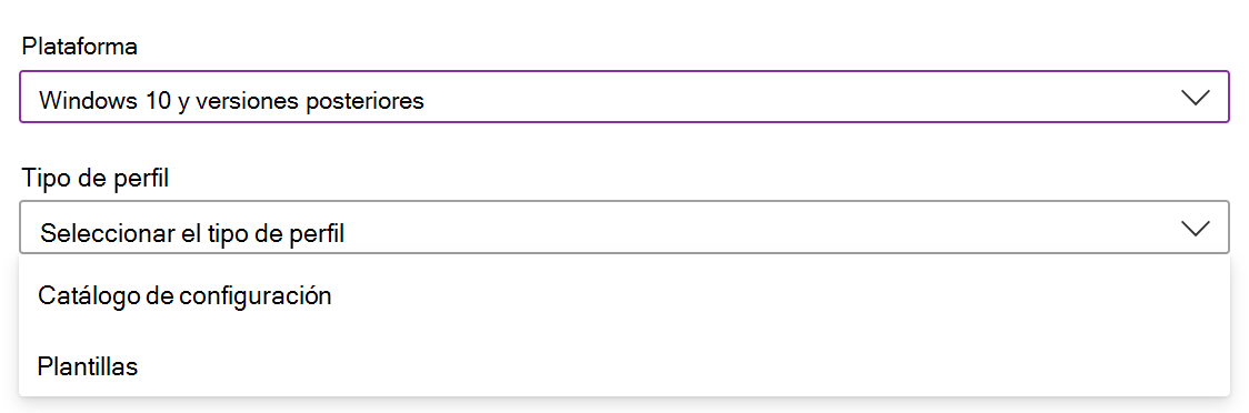 Captura de pantalla que muestra cómo crear una directiva y un perfil de configuración de dispositivos Windows en Microsoft Intune.