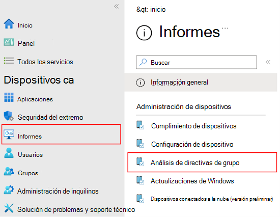 Captura de pantalla que muestra cómo revisar el informe y la salida de los GPO importados mediante directiva de grupo análisis en Microsoft Intune y Intune centro de administración.