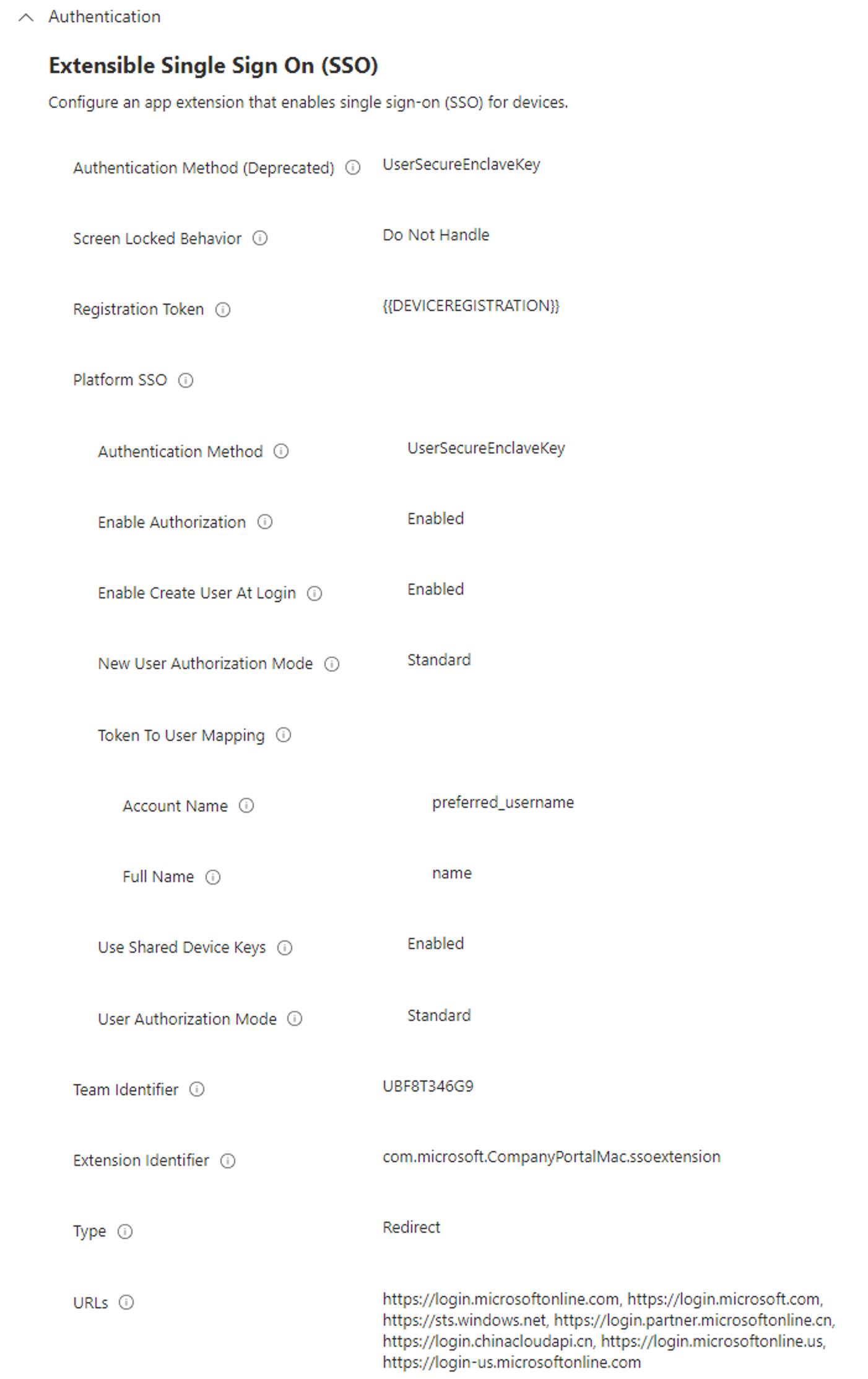 Captura de pantalla que muestra la configuración recomendada del inicio de sesión único de Platform en un perfil de MDM Intune.