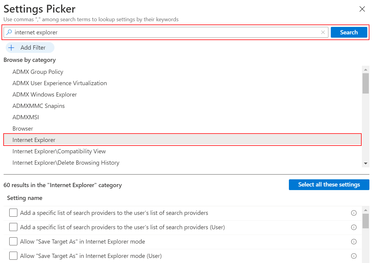 Captura de pantalla que muestra el catálogo de configuración al buscar Internet Explorer para ver toda la configuración de Internet Explorer en Microsoft Intune y el Centro de administración de Intune.