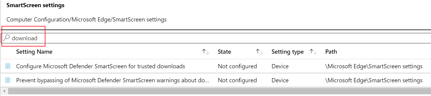 Captura de pantalla que muestra cómo filtrar la configuración de directiva de SmartScreen de Microsoft Edge en una plantilla Microsoft Intune ADMX.