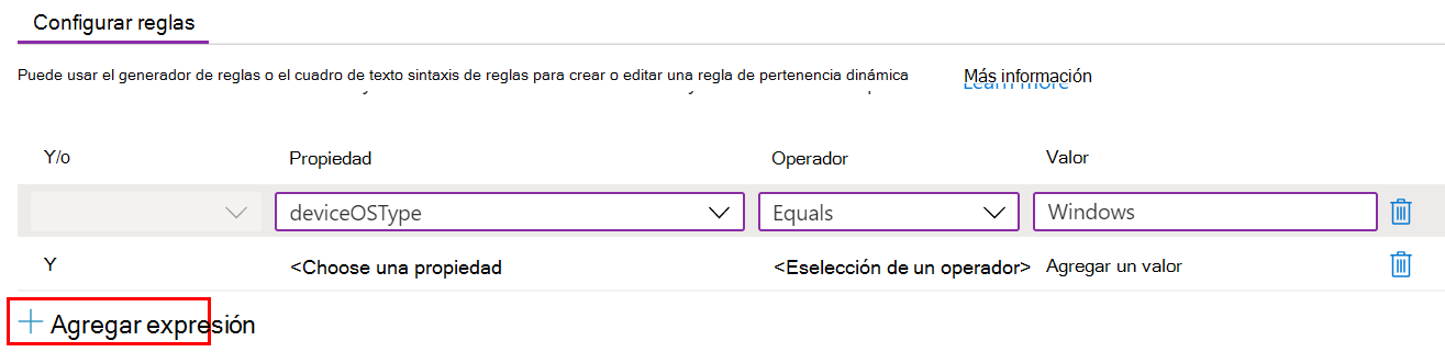 Captura de pantalla que muestra cómo crear una consulta dinámica y agregar expresiones en una plantilla administrativa de Microsoft Intune.