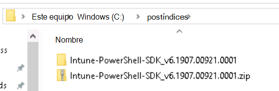 Captura de pantalla que muestra la estructura de carpetas del SDK de PowerShell Intune después de extraerla.