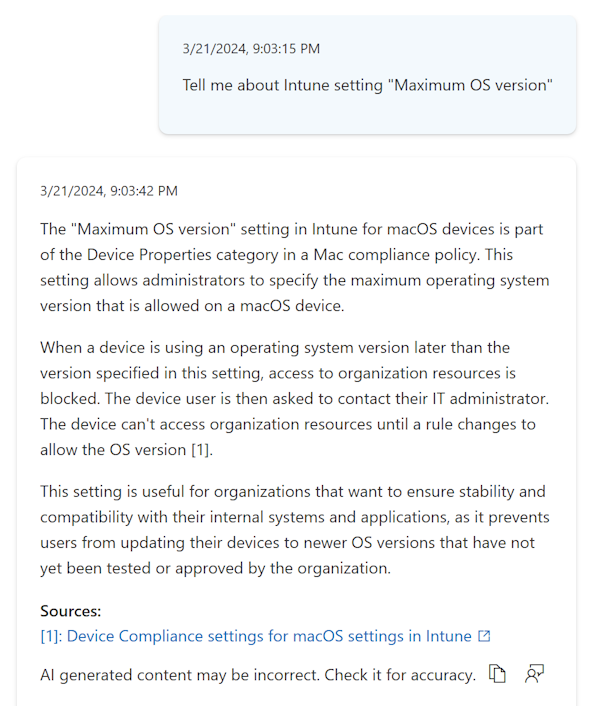 Recorte de pantalla que muestra más información acerca de una configuración al seleccionar la información sobre herramientas de Copilot en una directiva de cumplimiento en Microsoft Intune centro de administración.