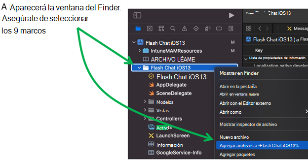 Pantalla que muestra cómo agregar archivos al proyecto de aplicación en Xcode en un dispositivo macOS.