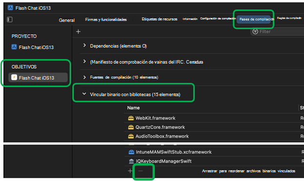 Captura de pantalla que muestra cómo quitar marcos en Vincular binario con bibliotecas en Xcode en un dispositivo macOS.