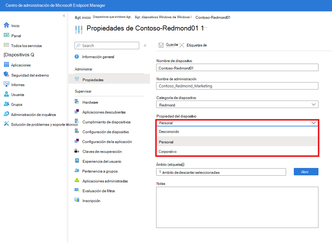 Captura de pantalla de las propiedades del dispositivo administrado que muestra las opciones Categoría de dispositivo y Propiedad del dispositivo.