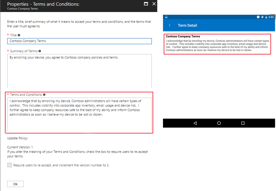 Imagen de ejemplo del mensaje de términos y condiciones redactado en Intune y, a continuación, su aspecto en Portal de empresa.