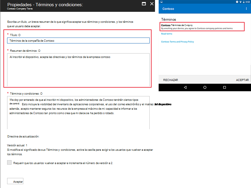 Imagen de ejemplo de los términos redactados en el Intune y, a continuación, su aspecto en Portal de empresa.