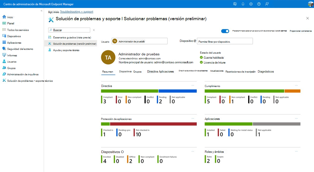 Intune panel de solución de problemas