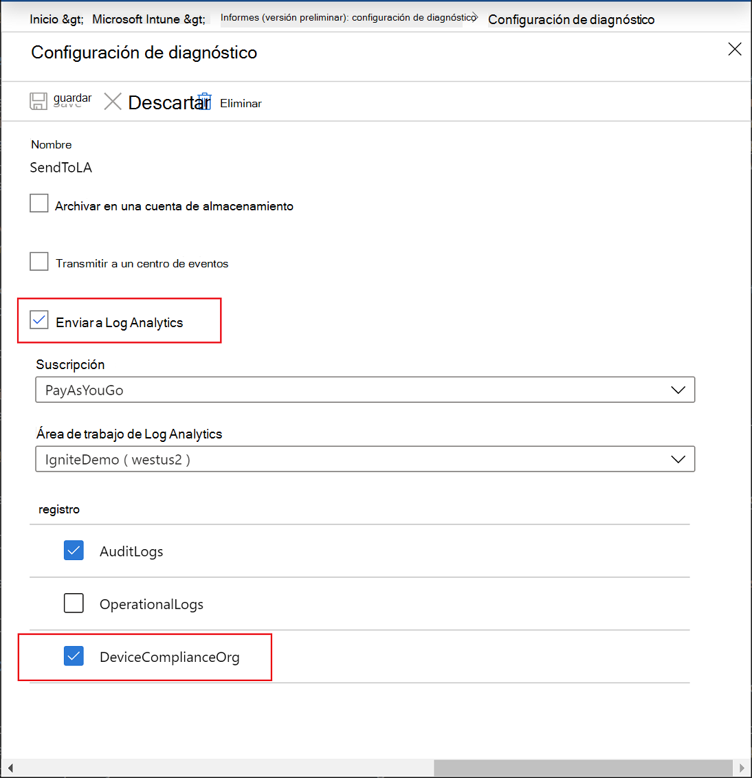 Informes de Intune: configuración de diagnóstico