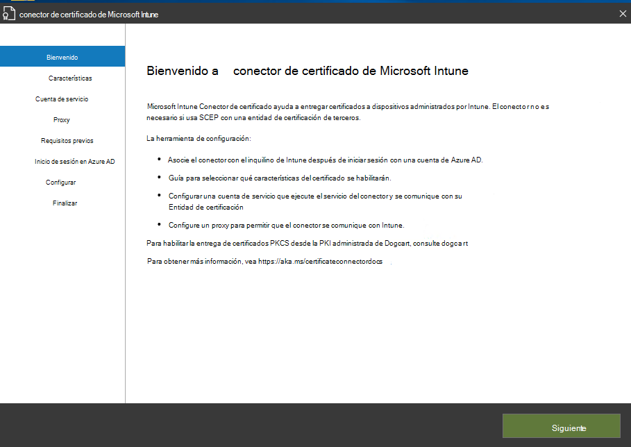 Página de bienvenida del asistente Certificate Connector para Microsoft Intune.