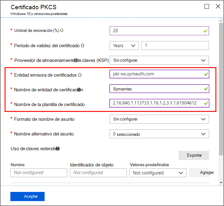 Selecciones correspondientes a la plantilla de certificado y la CA