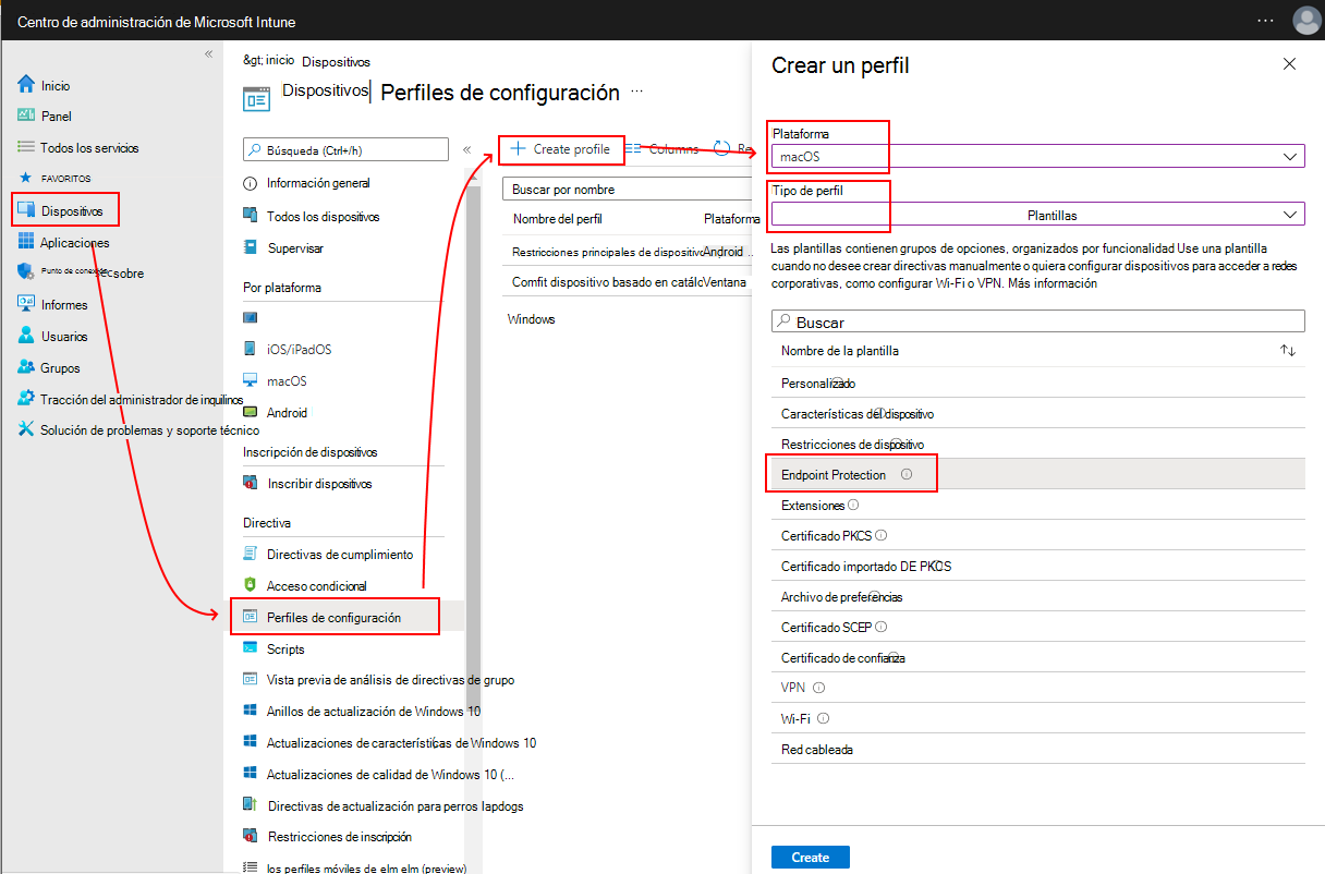 Captura de pantalla que muestra el perfil de Endpoint Protection.