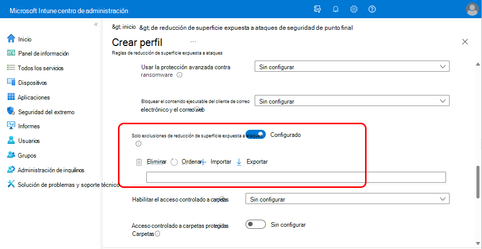 Captura de pantalla de la configuración Solo exclusiones de reducción de superficie expuesta a ataques.