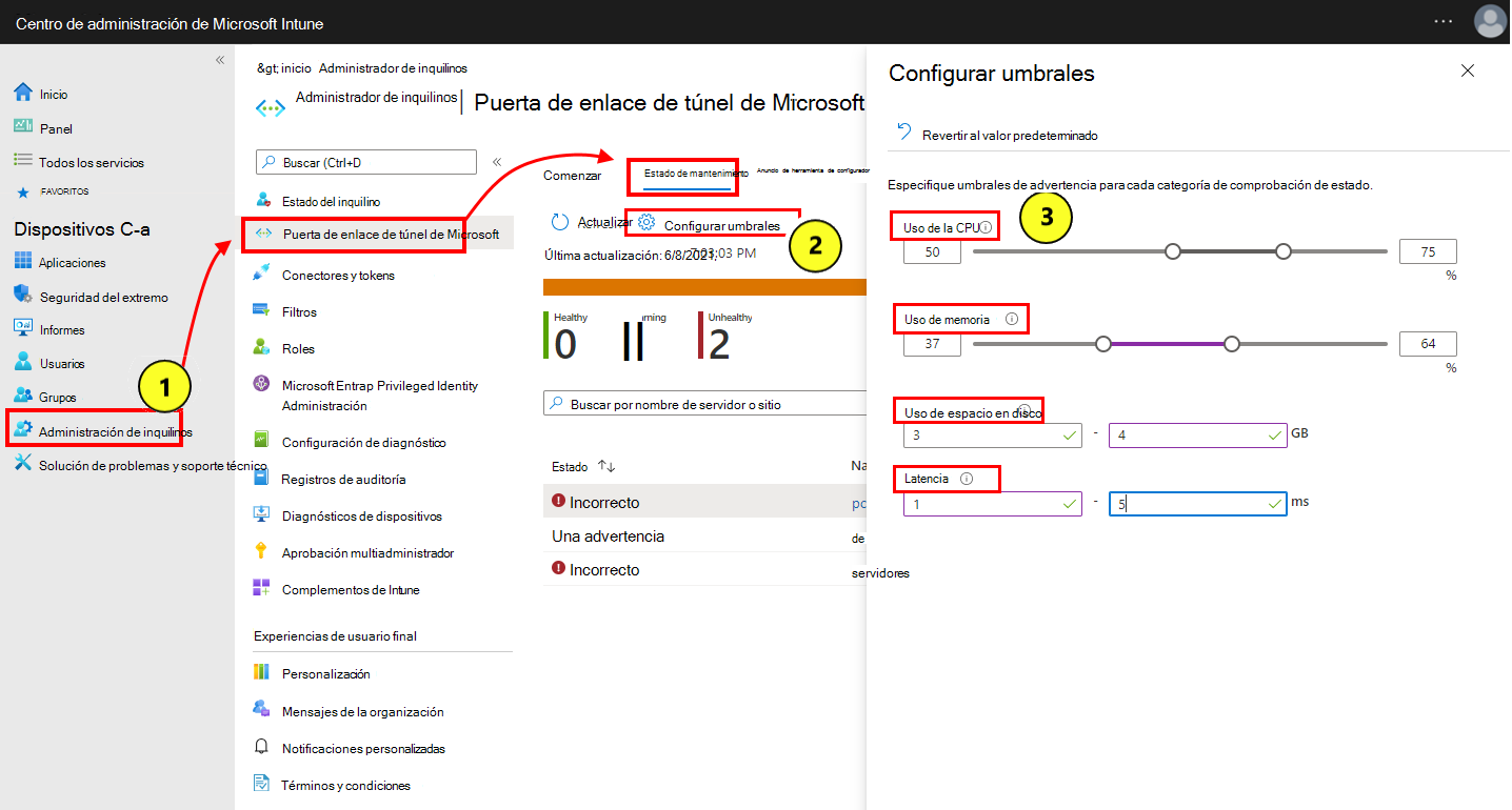 Captura de pantalla de cómo seleccionar y configurar umbrales de estado de mantenimiento.