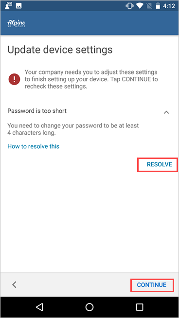 Captura de pantalla de Portal de empresa, Actualizar la configuración del dispositivo, resaltando los botones Resolver y Continuar.
