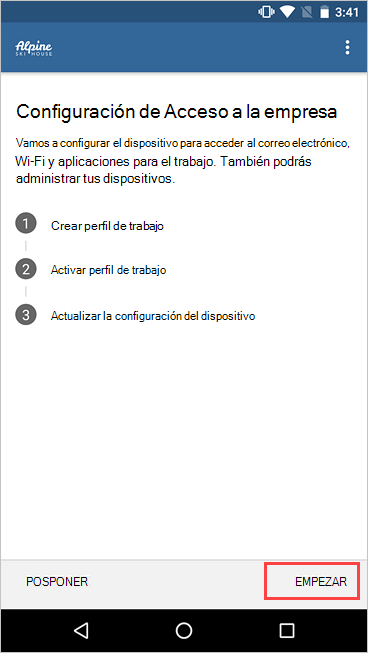 Captura de pantalla de la pantalla Configuración de acceso a la empresa que resalta el botón Comenzar.