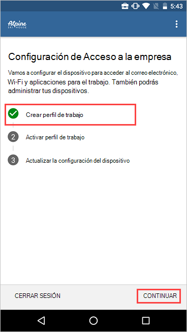 Captura de pantalla del programa de instalación de acceso de empresa que muestra que se ha creado el perfil de trabajo.