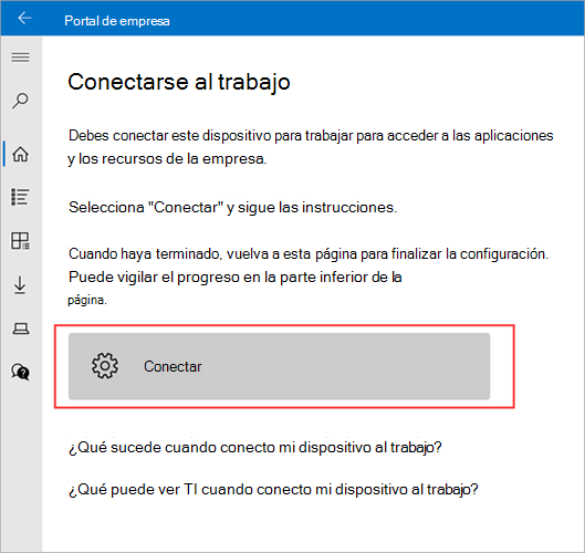 Imagen de ejemplo de Portal de empresa > conectarse a la pantalla de trabajo resaltando el botón Conectar.