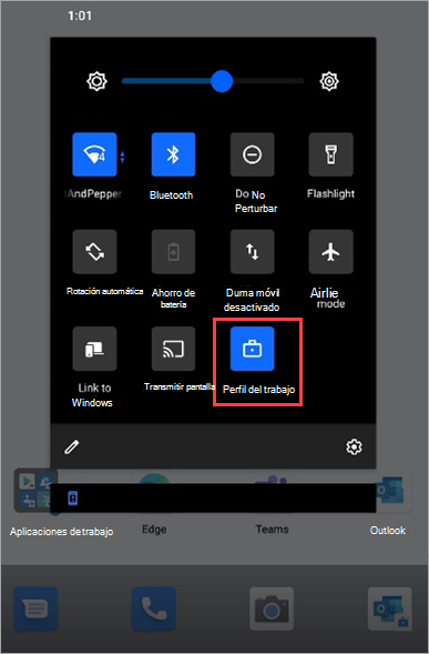 Captura de pantalla del icono del perfil de trabajo activado en la configuración rápida de Surface Duo.