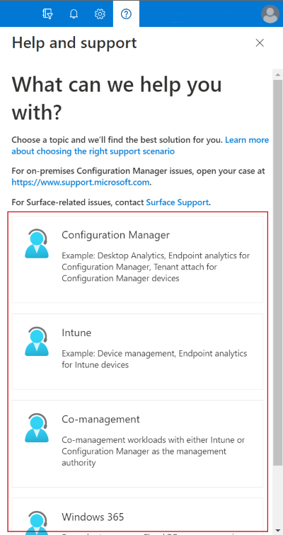 Captura de pantalla que muestra los servicios de ayuda y soporte técnico disponibles en la suscripción en el Centro de administración de Microsoft Intune.